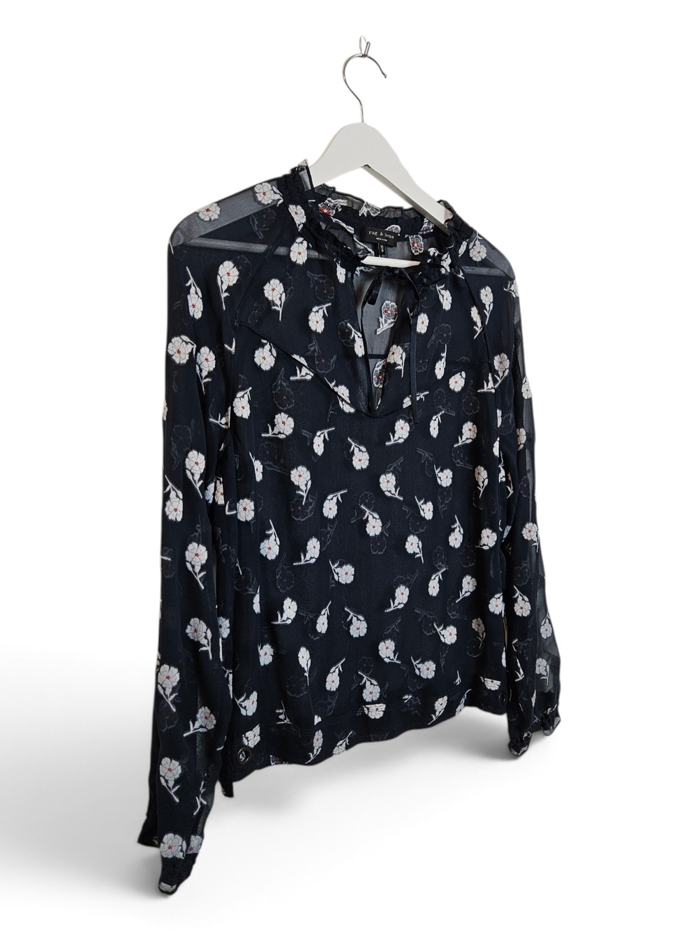 rag & bone The Bennett Blouse XS Silk Sheer Floral Tie Neck Ruffle Navy Blue Top